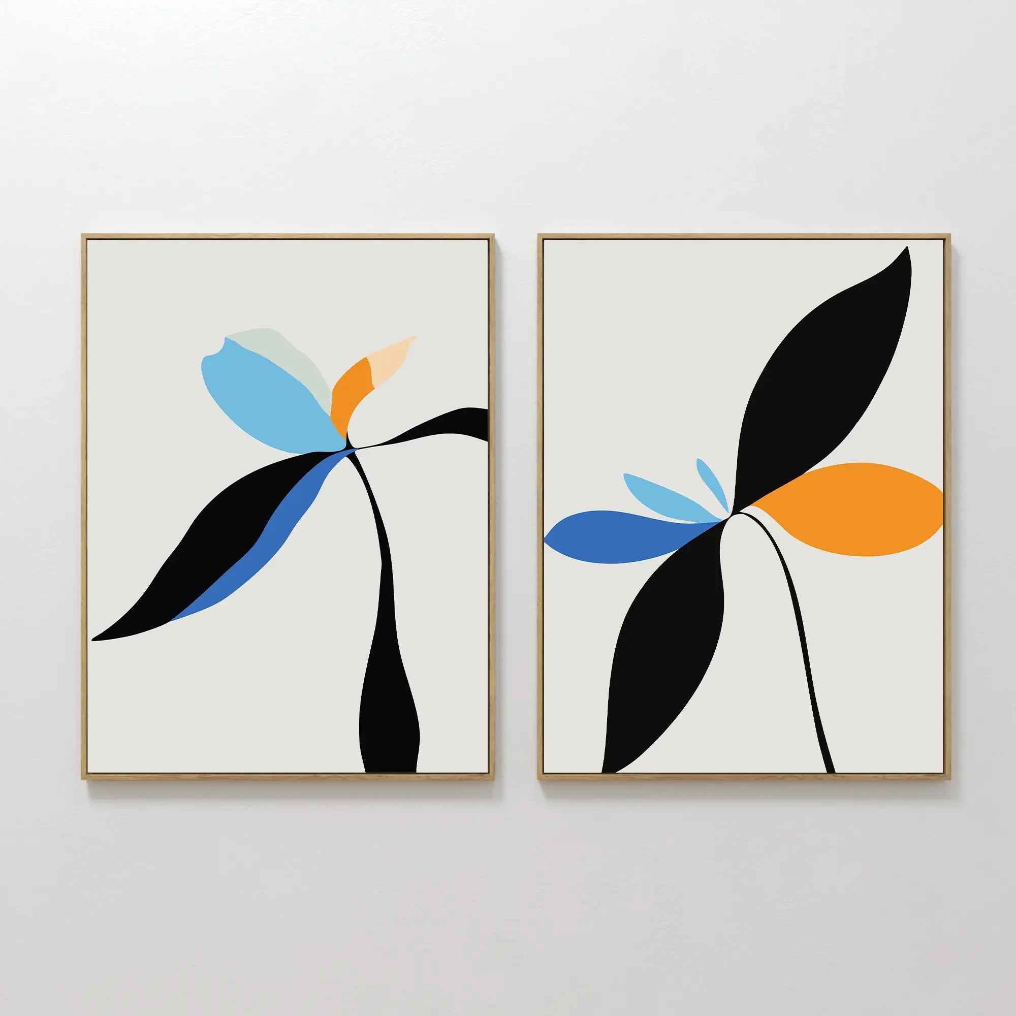 Original hand painted blue orange black abstract botanical oil painting canvas wall art set nordic scandinavian elegant luxury modern home decor inter