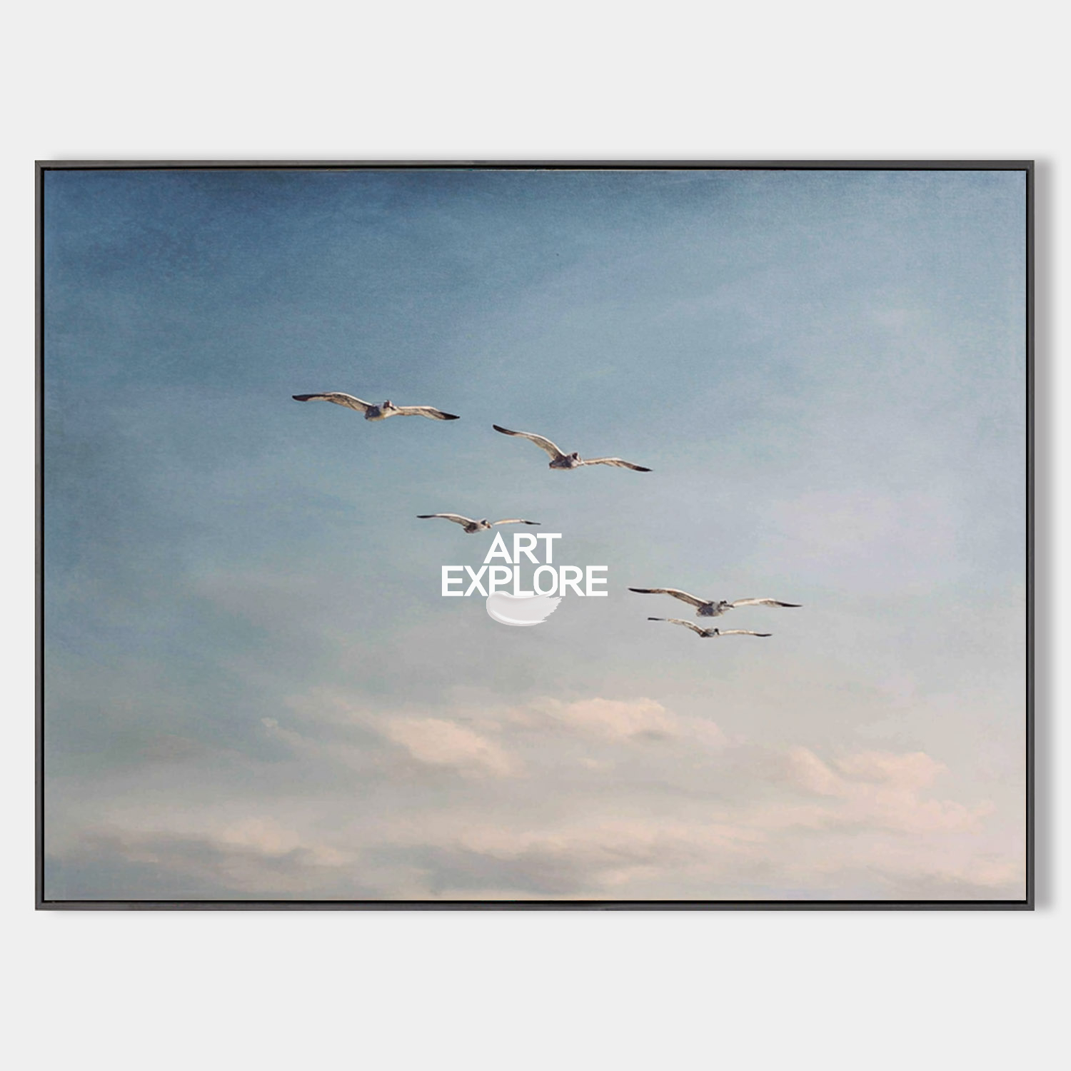 Original hand painted coastal seagulls blue sky oil painting canvas wall art, nordic scandinavian minimalist elegant luxury modern home