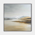Original hand painted golden beige misty mountain lake landscape oil painting canvas wall art, nordic scandinavian minimalist elegant l