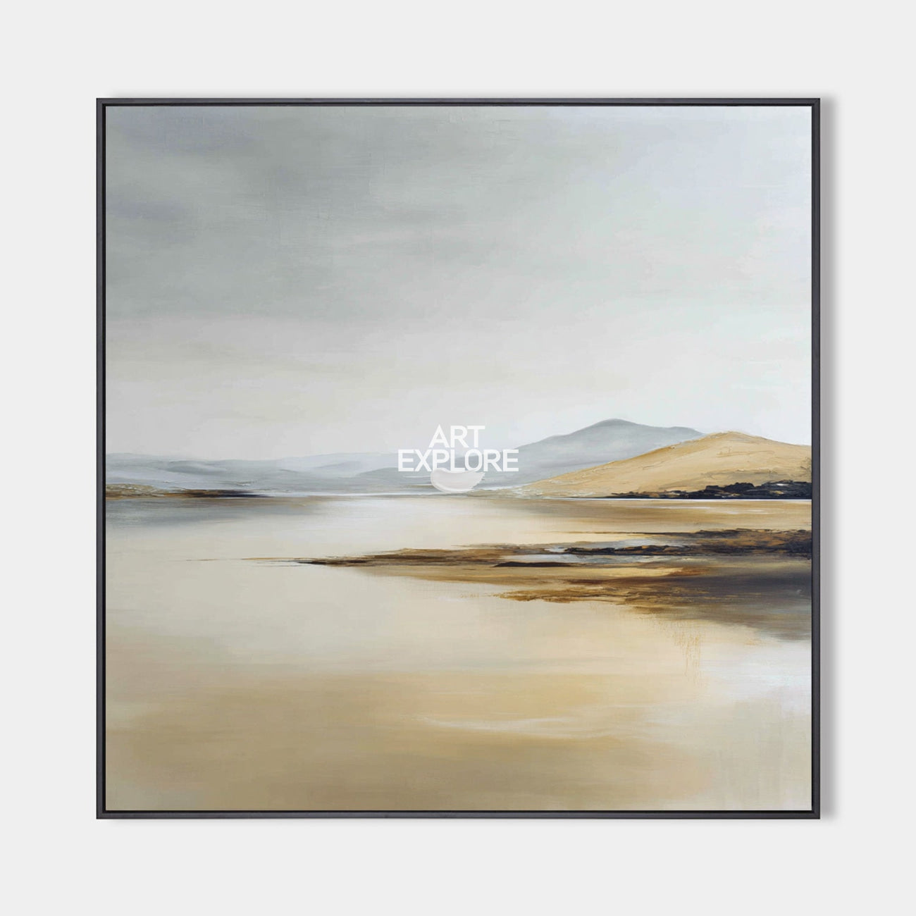Original hand painted golden beige misty mountain lake landscape oil painting canvas wall art, nordic scandinavian minimalist elegant l