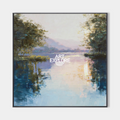 Original hand painted teal blue lavender lake sunset oil painting canvas wall art, elegant luxury modern nordic scandinavian interior d
