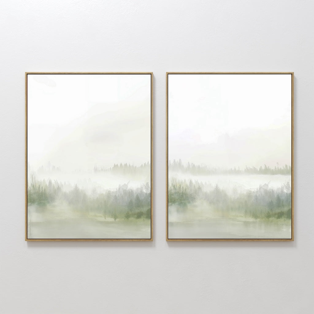 Original hand painted sage green misty forest landscape oil painting set of 2 canvas wall art, nordic scandinavian elegant luxury minimalist modern ho