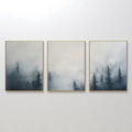 Original hand painted navy grey misty pine forest oil painting triptych canvas wall art, nordic scandinavian elegant luxury modern living room home de