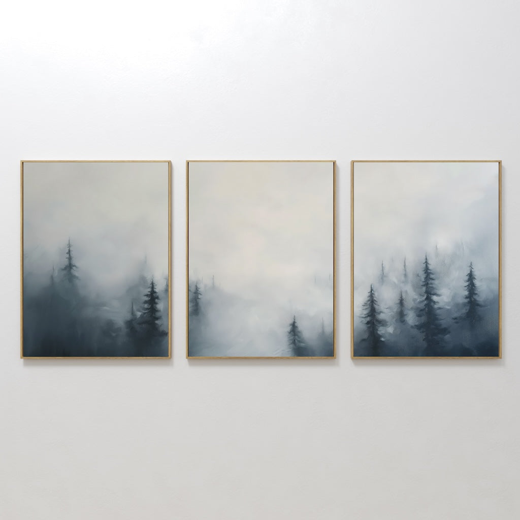 Original hand painted navy grey misty pine forest oil painting triptych canvas wall art, nordic scandinavian elegant luxury modern living room home de