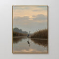 Original hand painted blue heron marshland oil painting canvas wall art, warm beige slate tones, nordic scandinavian elegant luxury modern home decor