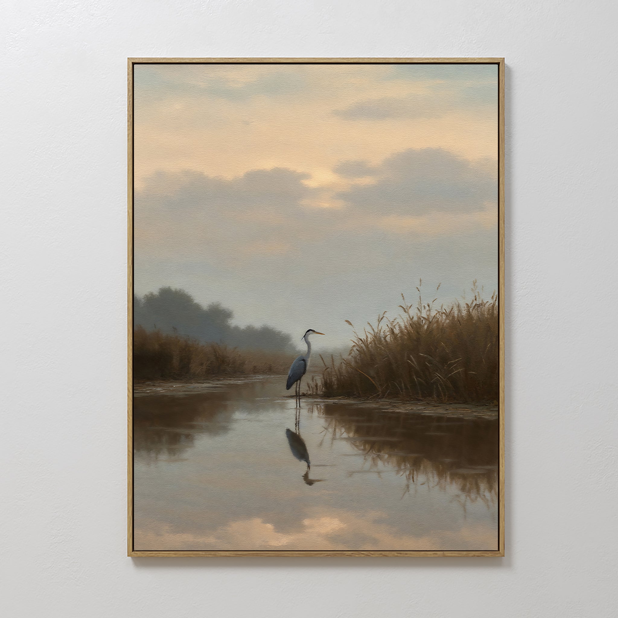 Original hand painted blue heron marshland oil painting canvas wall art, warm beige slate tones, nordic scandinavian elegant luxury modern home decor
