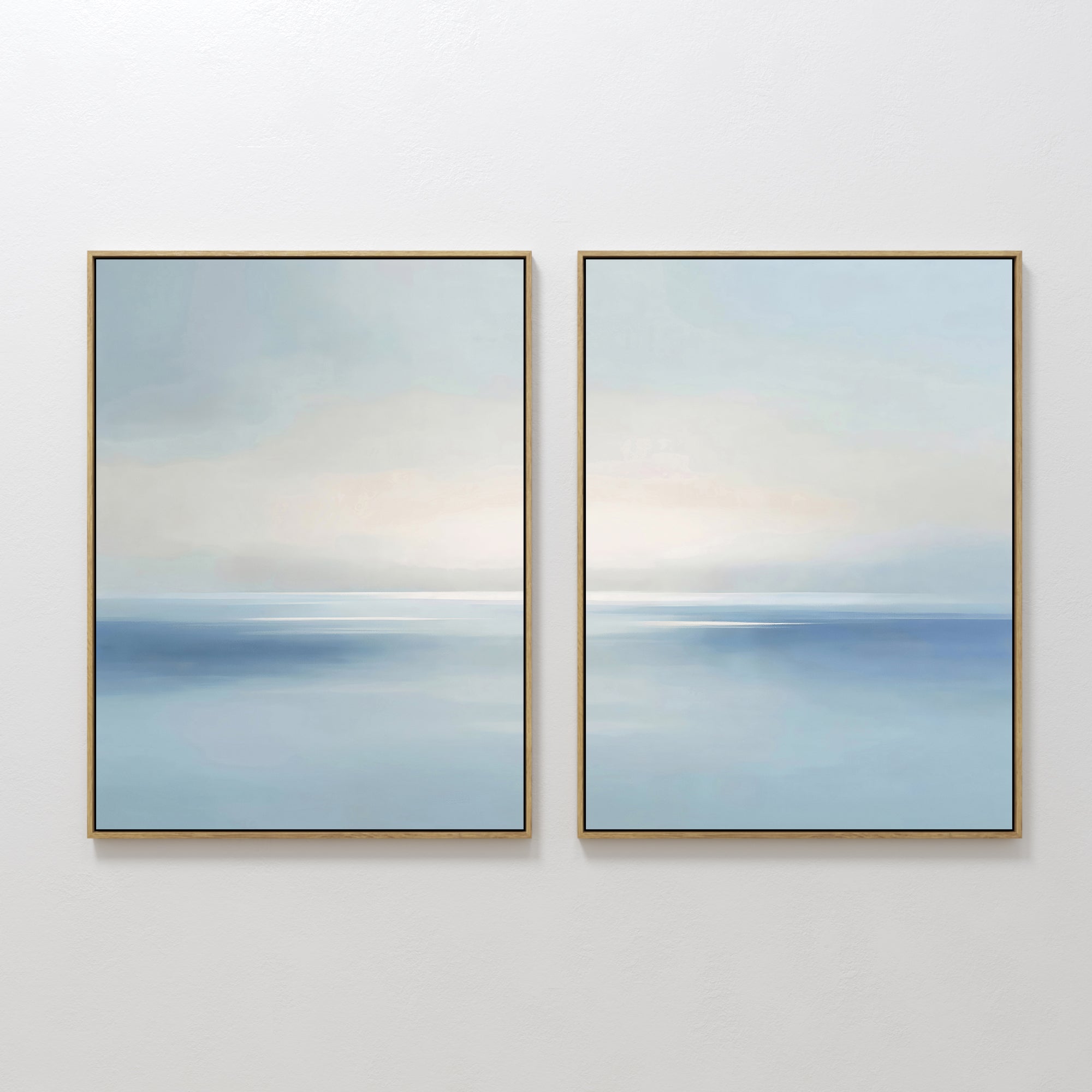 Original hand painted soft blue misty ocean diptych oil painting canvas wall art, nordic scandinavian elegant minimalist luxury modern home decor inte