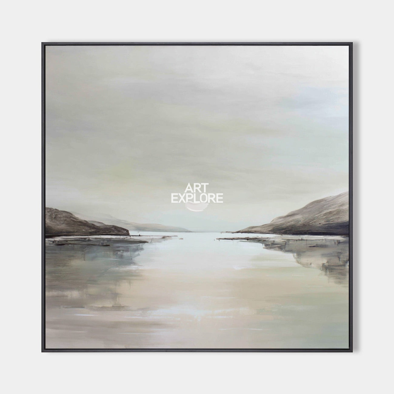 Original hand painted grey misty fjord landscape oil painting canvas wall art, nordic scandinavian minimalist elegant luxury modern liv