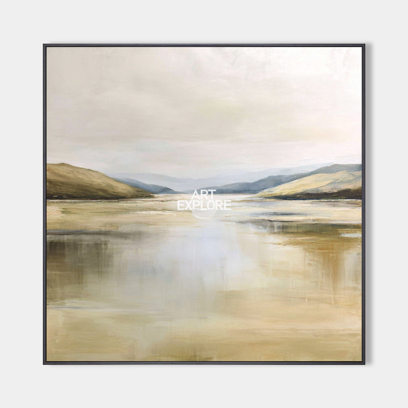 Original hand painted golden lake valley landscape oil painting canvas wall art, nordic scandinavian minimalist elegant luxury modern l