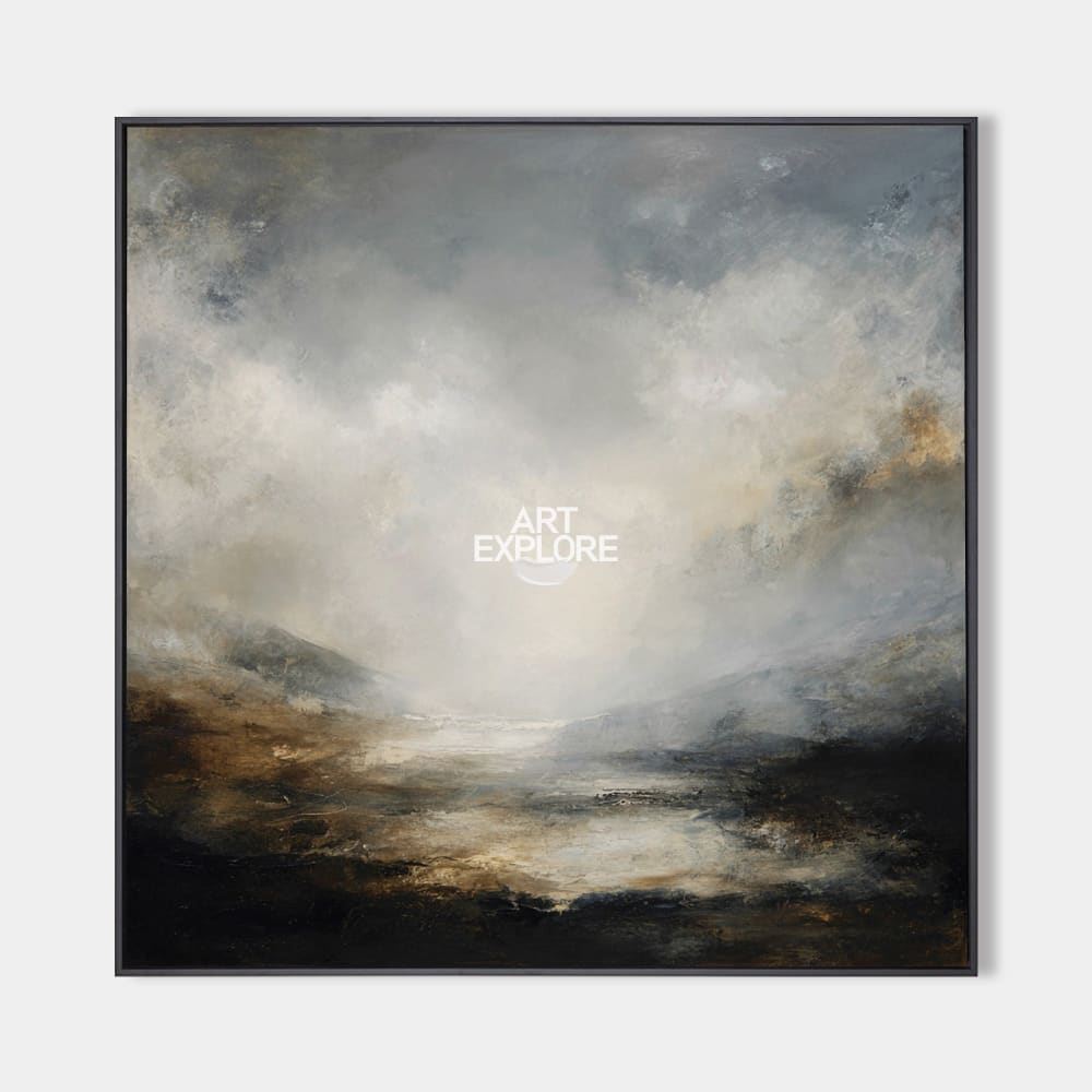 Original hand painted misty grey gold atmospheric valley oil painting canvas wall art, nordic scandinavian elegant luxury modern home d