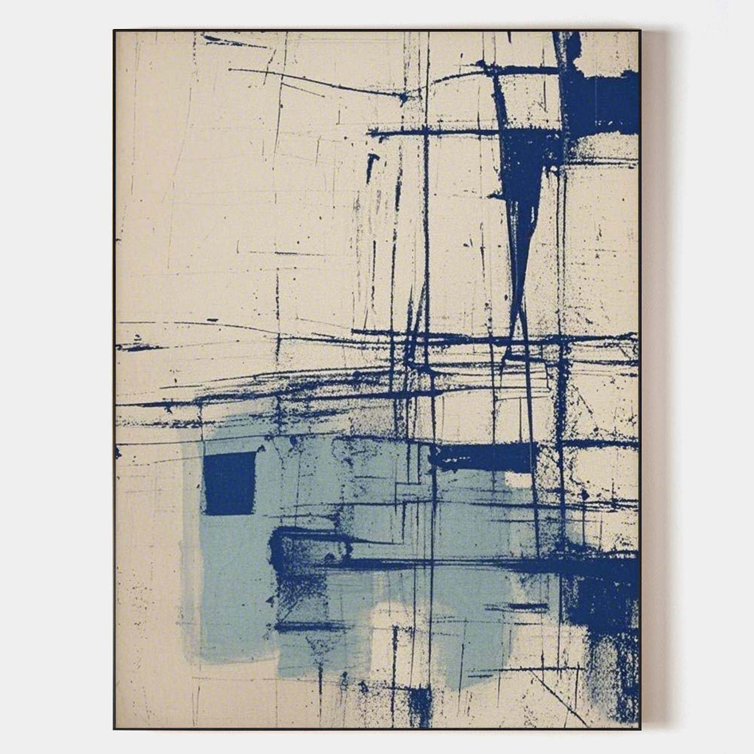 Original hand painted navy blue ivory abstract oil painting canvas wall art, bold gestural lines nordic scandinavian minimalist elegant