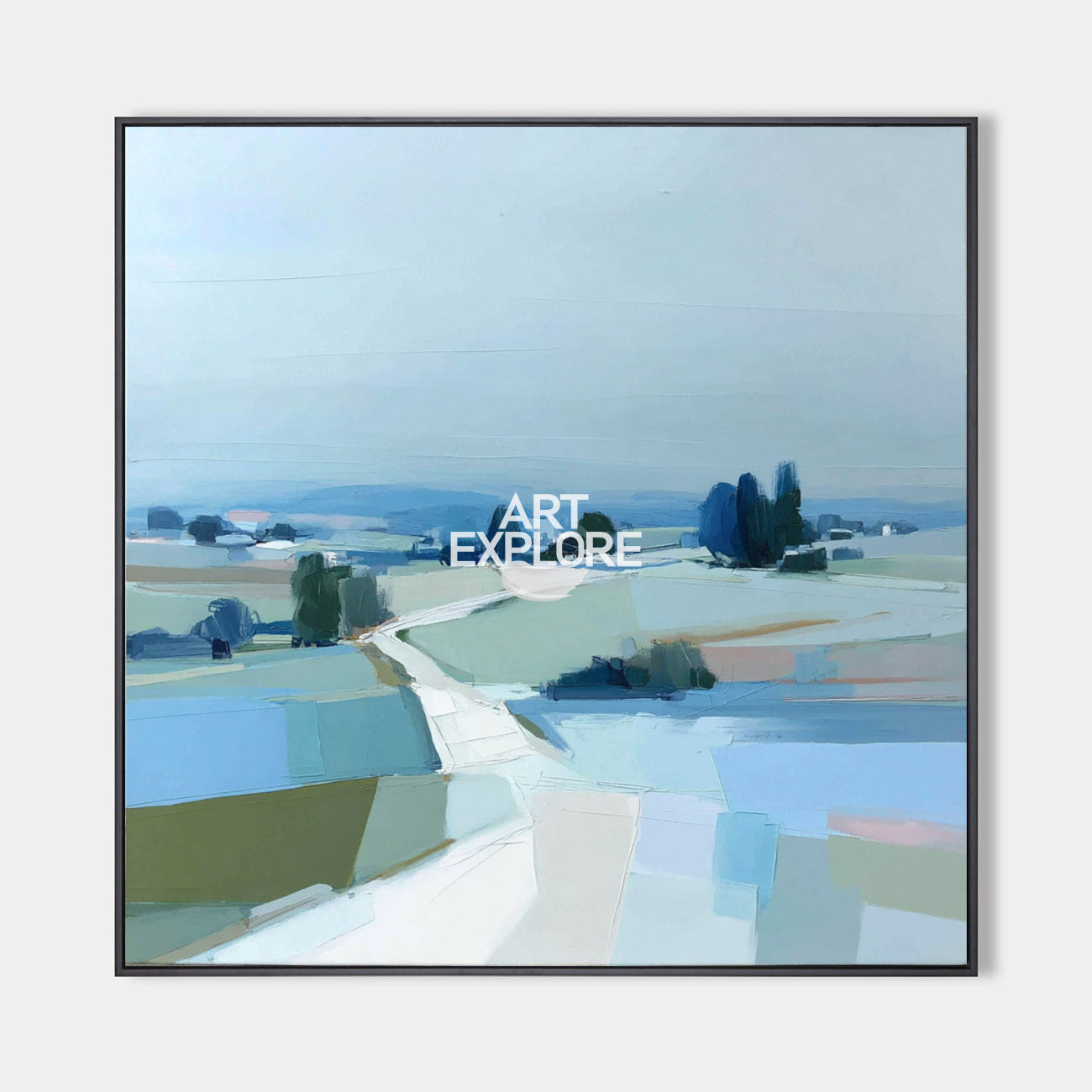 Original hand painted misty blue green abstract landscape oil painting canvas wall art, nordic scandinavian minimalist elegant luxury m