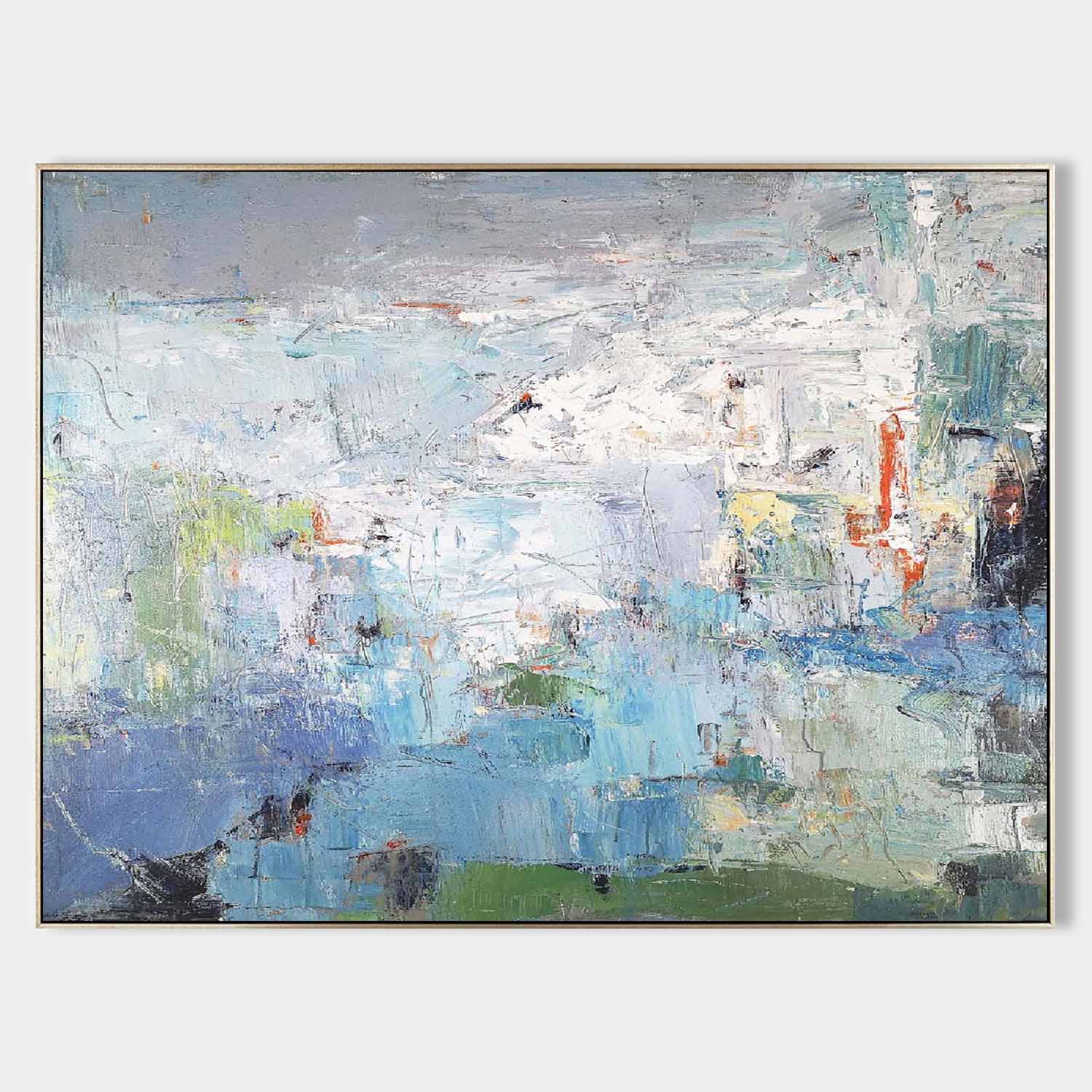 Original hand painted blue grey white abstract coastal oil painting canvas wall art, nordic scandinavian elegant luxury modern living r