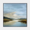 Original hand painted misty blue river valley oil painting canvas wall art, nordic scandinavian elegant luxury modern living room inter