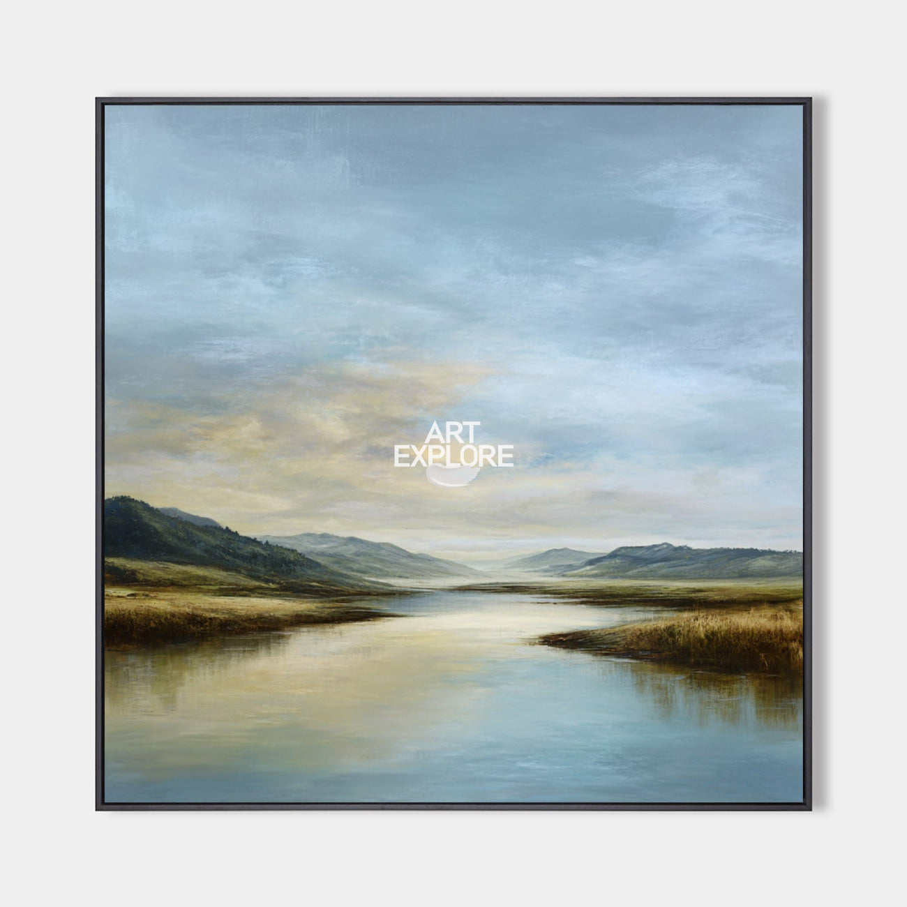 Original hand painted misty blue river valley oil painting canvas wall art, nordic scandinavian elegant luxury modern living room inter