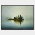 Original hand painted teal misty island landscape oil painting canvas wall art, nordic scandinavian minimalist elegant luxury modern li