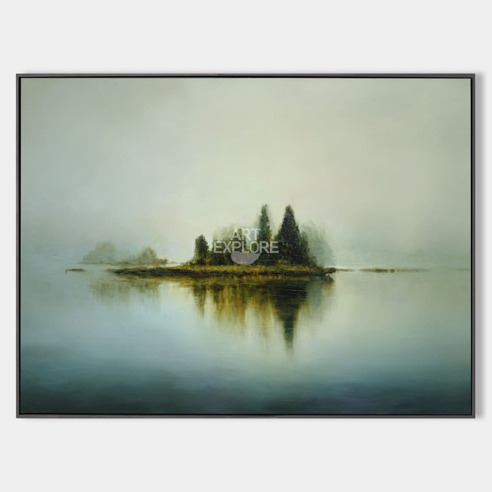 Original hand painted teal misty island landscape oil painting canvas wall art, nordic scandinavian minimalist elegant luxury modern li