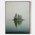 Original hand painted misty island oil painting canvas wall art, muted grey green nordic scandinavian minimalist elegant luxury modern