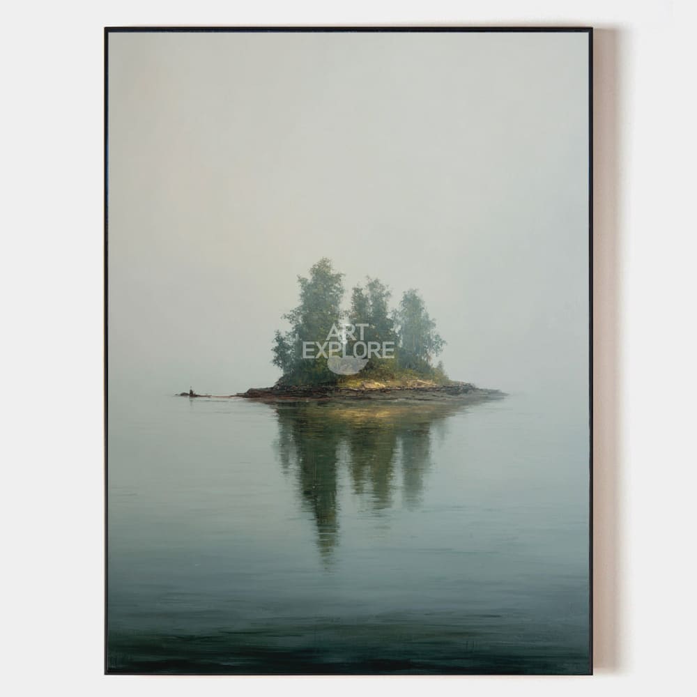 Original hand painted misty island oil painting canvas wall art, muted grey green nordic scandinavian minimalist elegant luxury modern
