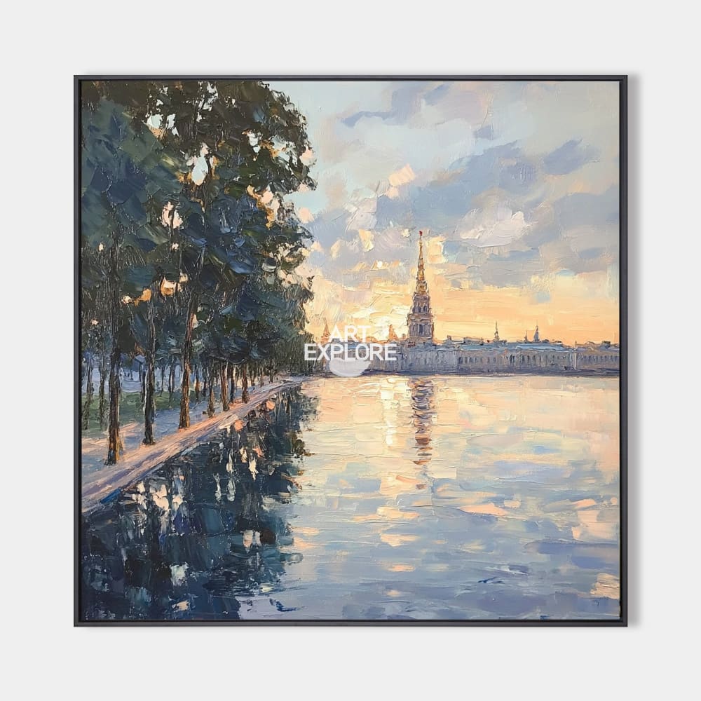 Original hand painted golden sunset cityscape oil painting canvas wall art, nordic scandinavian elegant luxury modern living room inter