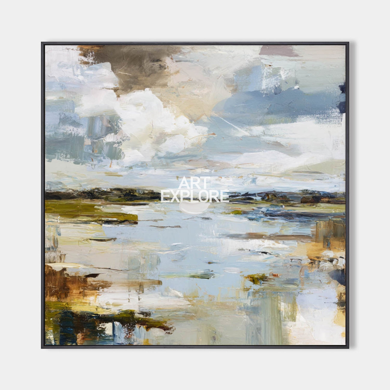 Original hand painted blue grey coastal abstract oil painting canvas wall art, nordic scandinavian elegant luxury modern living room ho