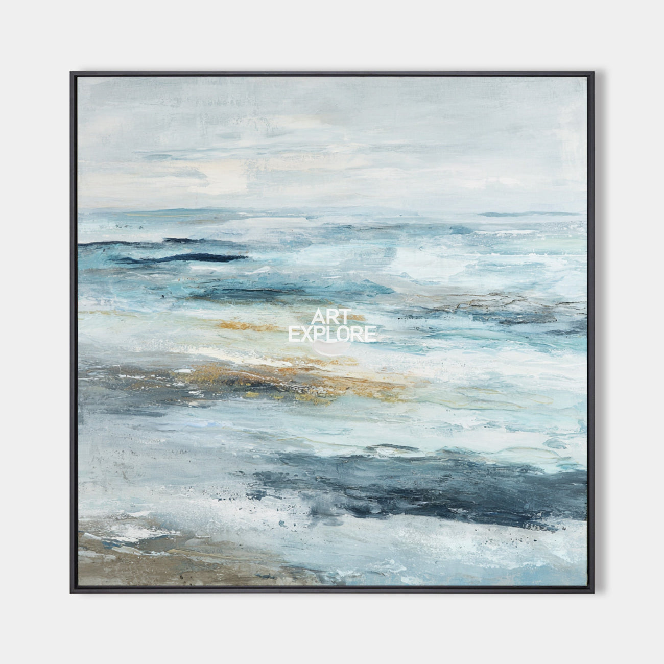 Original hand painted blue coastal abstract oil painting canvas wall art, nordic scandinavian elegant luxury modern living room home de