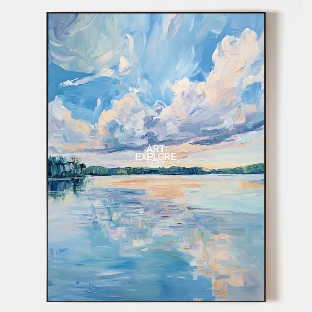 Original hand painted blue coastal lake oil painting canvas wall art, soft peach clouds reflection, elegant luxury modern nordic scandi