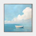 Original hand painted turquoise coastal ocean oil painting canvas wall art, lone white boat, nordic scandinavian minimalist elegant lux