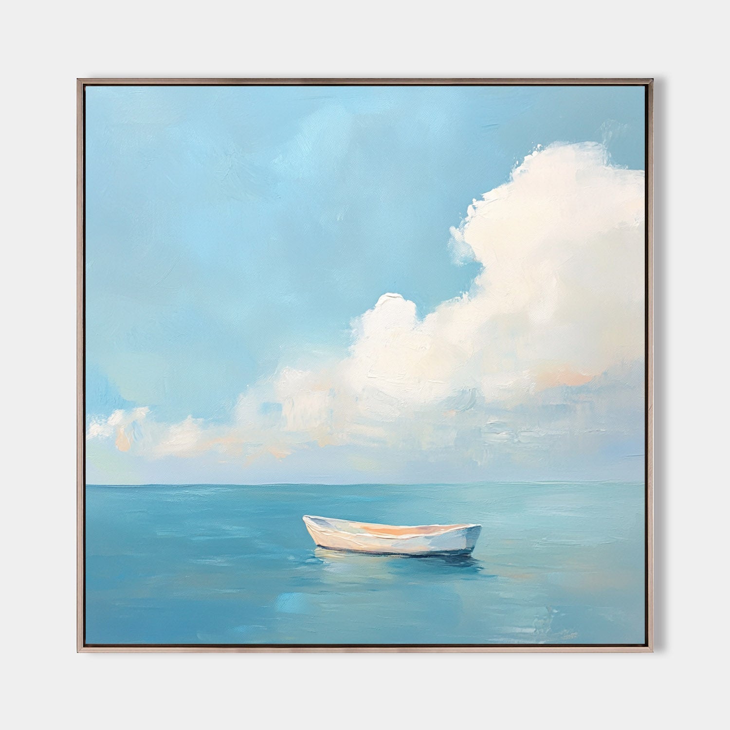 Original hand painted turquoise coastal ocean oil painting canvas wall art, lone white boat, nordic scandinavian minimalist elegant lux