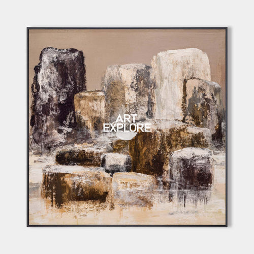 Original hand painted amber charcoal abstract rock formation oil painting canvas wall art, nordic scandinavian elegant luxury modern in