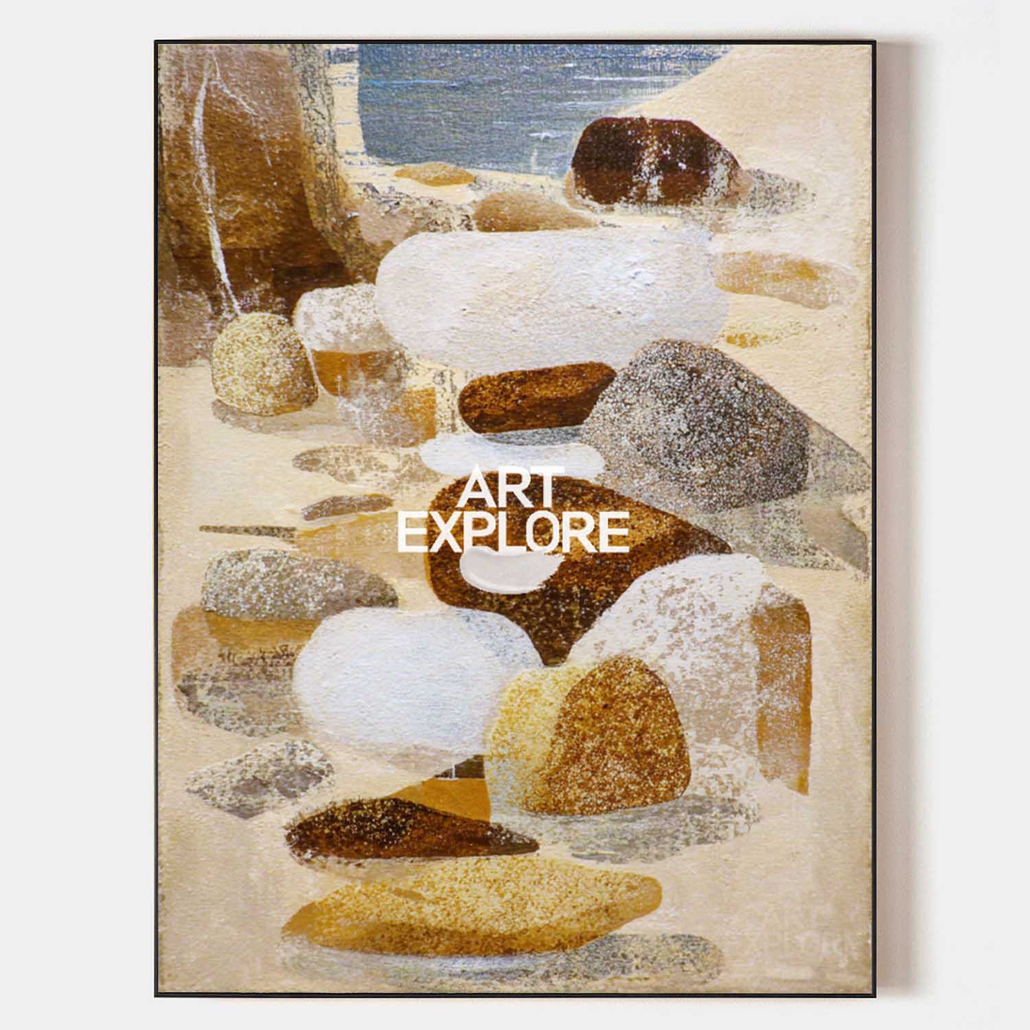 Original hand painted amber ivory brown coastal stones oil painting canvas wall art, nordic scandinavian elegant luxury modern living r