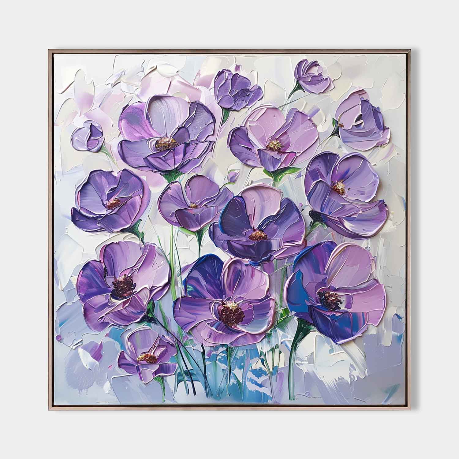 Original hand painted purple violet floral abstract oil painting canvas wall art, elegant luxury modern nordic scandinavian botanical h