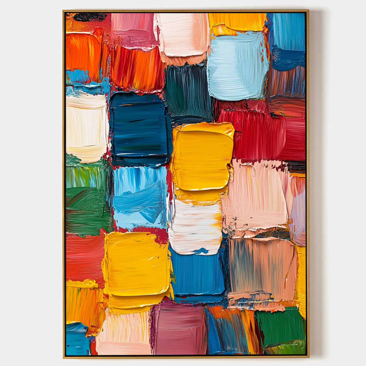 Original hand painted colorful geometric abstract oil painting canvas wall art, vibrant crimson yellow blue modern elegant luxury home