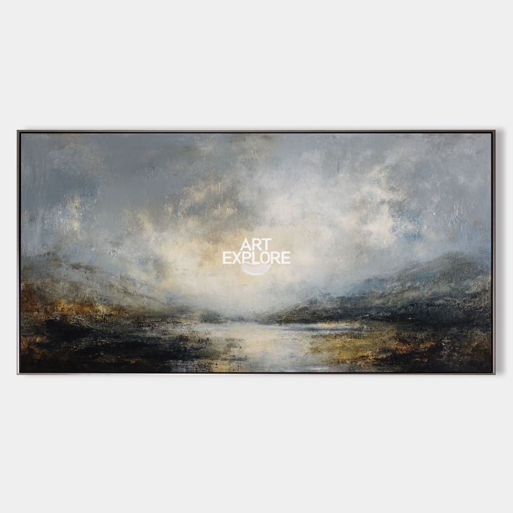 Original hand painted abstract landscape oil painting, moody grey blue misty valley canvas wall art, nordic scandinavian elegant luxury