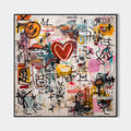 Original hand painted abstract oil painting canvas wall art, red heart graffiti symbols colorful luxury modern eclectic living room hom