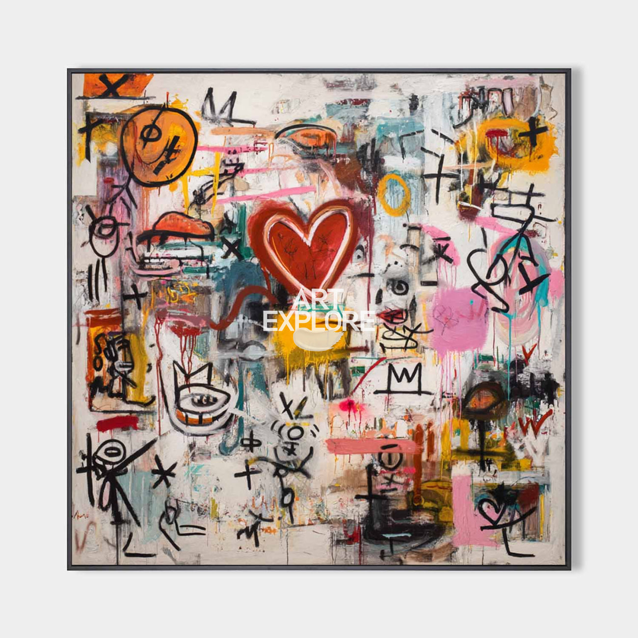 Original hand painted abstract oil painting canvas wall art, red heart graffiti symbols colorful luxury modern eclectic living room hom