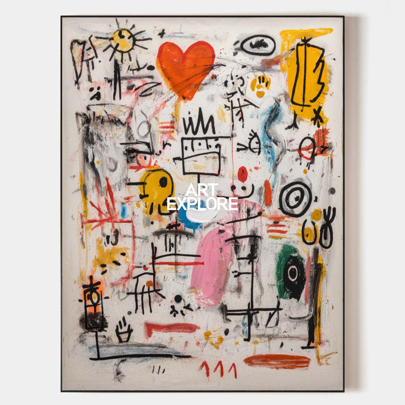Original hand painted abstract graffiti oil painting canvas, red heart yellow sun bold black lines, modern elegant luxury eclectic home