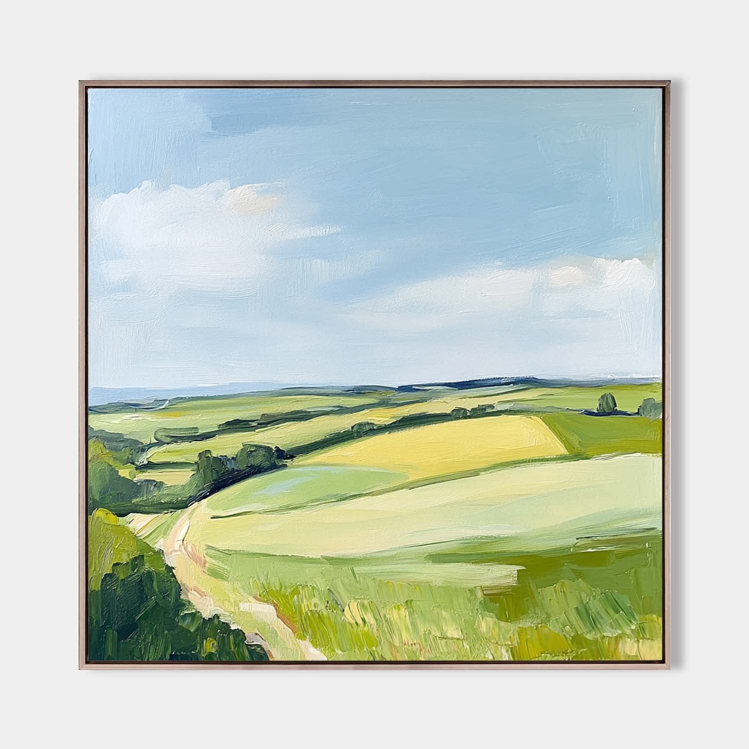 Original hand painted green valley landscape oil painting canvas wall art, nordic scandinavian elegant luxury modern living room interi