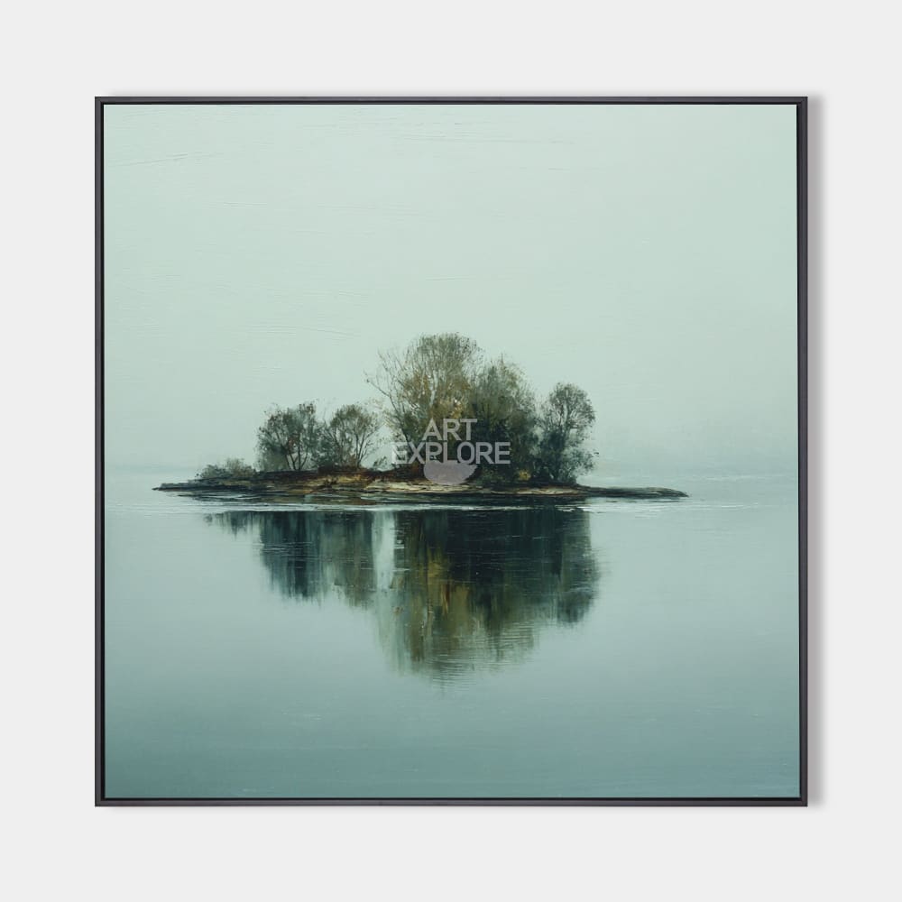 Original hand painted teal misty island oil painting canvas wall art, nordic scandinavian minimalist elegant luxury modern living room