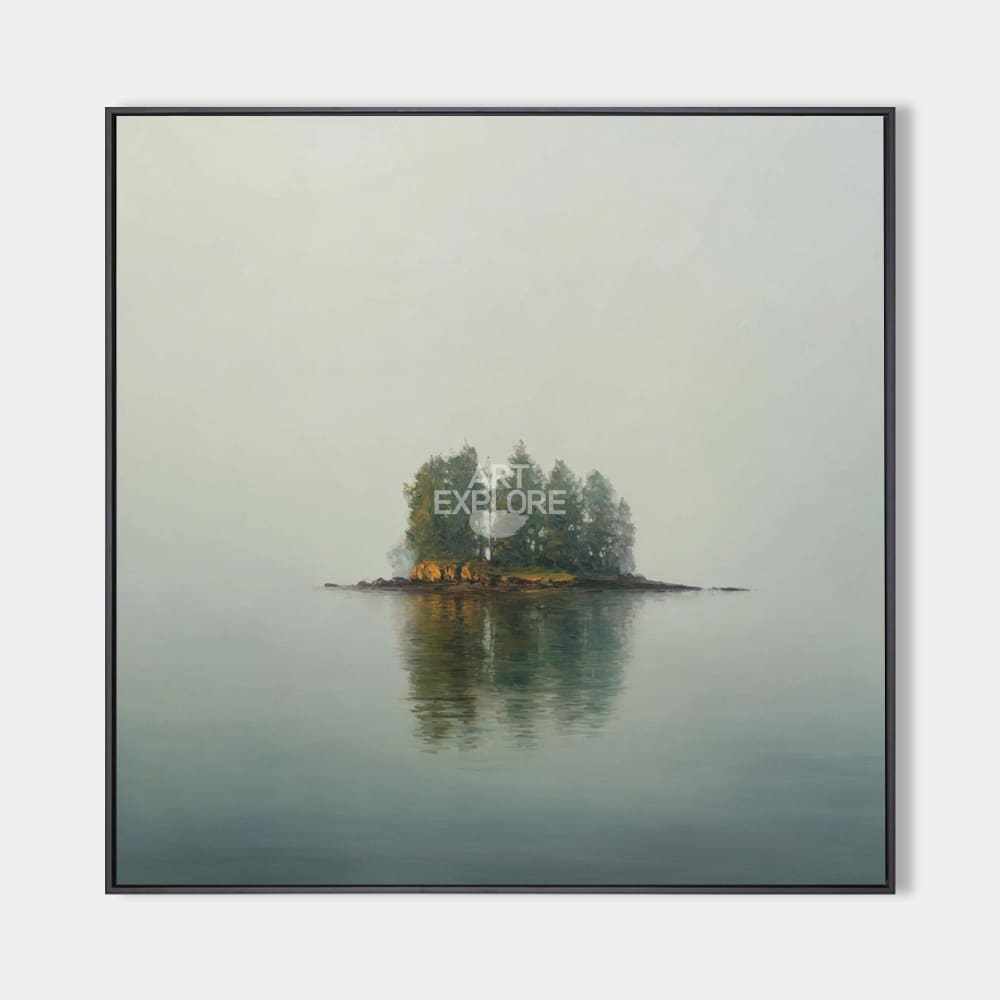 Original hand painted teal grey misty island oil painting canvas wall art, nordic scandinavian minimalist elegant luxury modern living