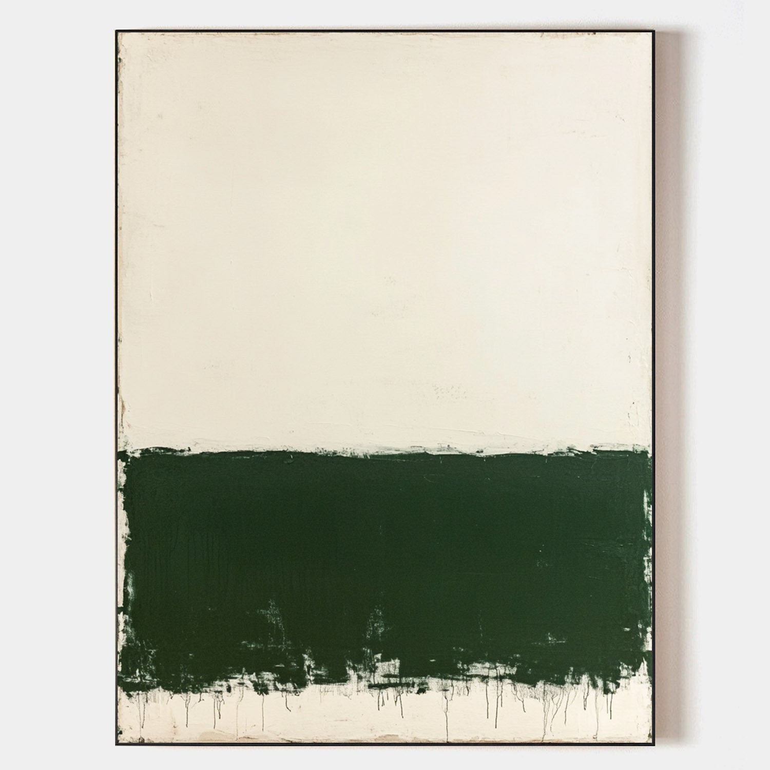 Original hand painted ivory and forest green abstract oil painting canvas wall art, nordic scandinavian minimalist elegant luxury moder