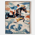 Original hand painted coastal equestrian oil painting canvas, blue navy rust ocean waves horse rider, elegant luxury modern vintage hom