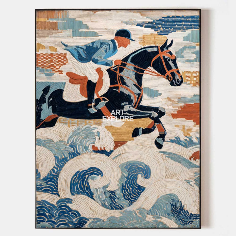 Original hand painted coastal equestrian oil painting canvas, blue navy rust ocean waves horse rider, elegant luxury modern vintage hom