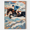 Original hand painted navy equestrian horse oil painting canvas wall art, vintage abstract elegant luxury modern coastal home decor int