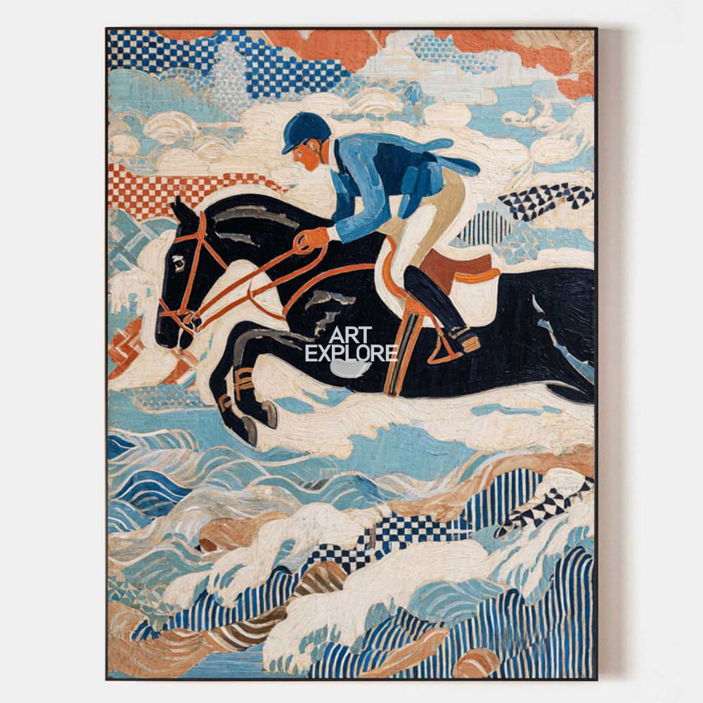 Original hand painted navy equestrian horse oil painting canvas wall art, vintage abstract elegant luxury modern coastal home decor int