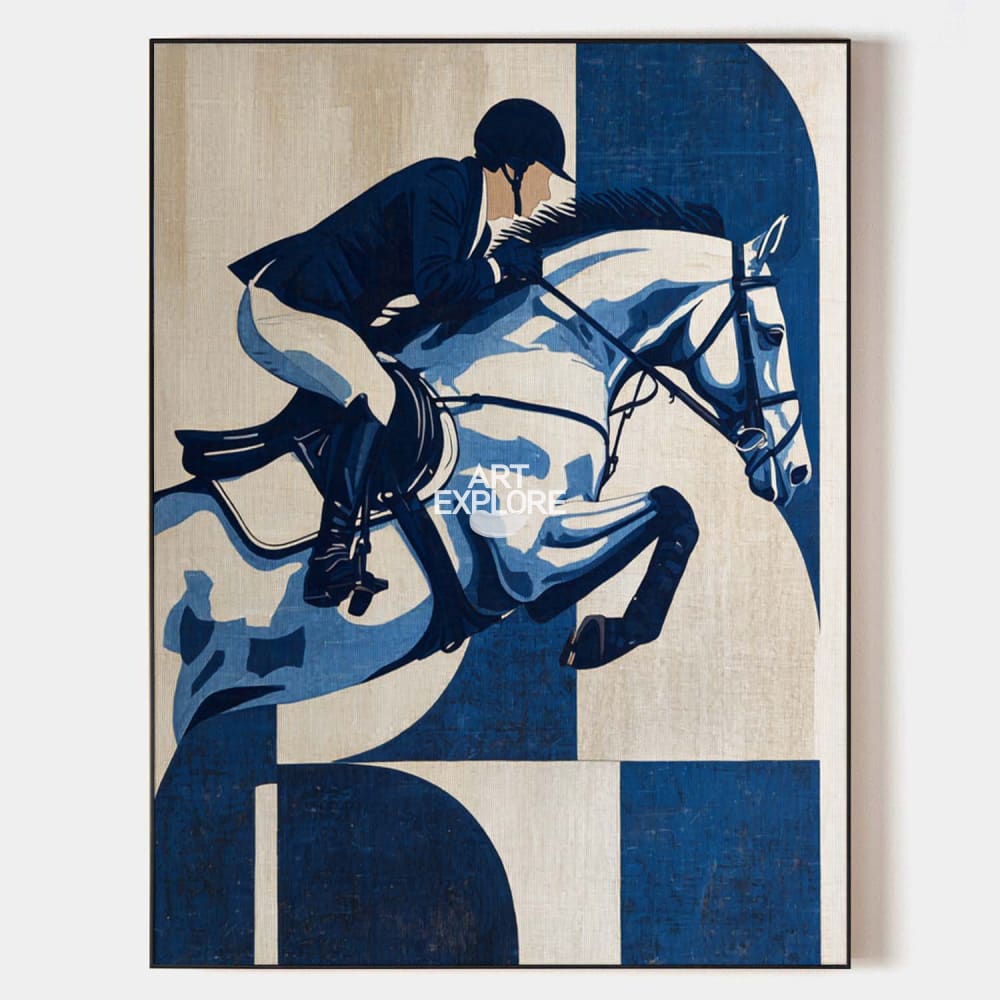 Original hand painted navy blue equestrian horse jumping abstract oil painting canvas wall art, elegant modern luxury scandinavian nord