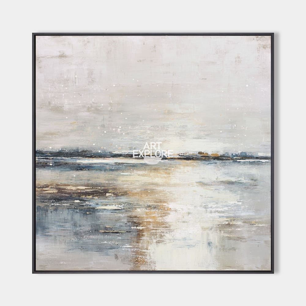 Original hand painted misty coastal abstract oil painting canvas wall art, grey navy gold nordic scandinavian minimalist elegant luxury