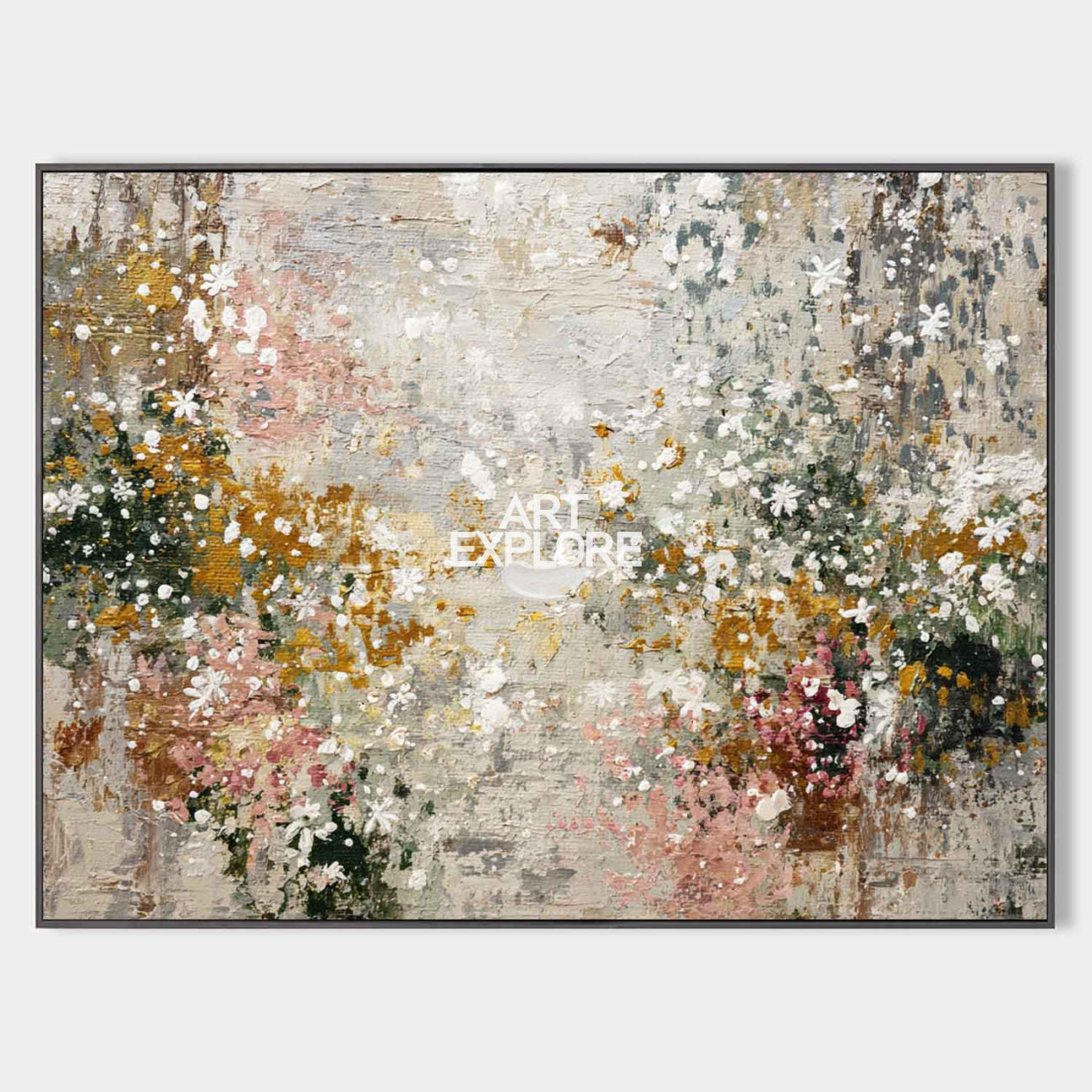 Original hand painted botanical abstract oil painting, white flowers blush pink mustard gold sage green textured canvas wall art elegan