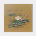 Original hand painted ochre botanical oil painting canvas, dragonflies water lilies sage green, elegant luxury modern nordic scandinavi