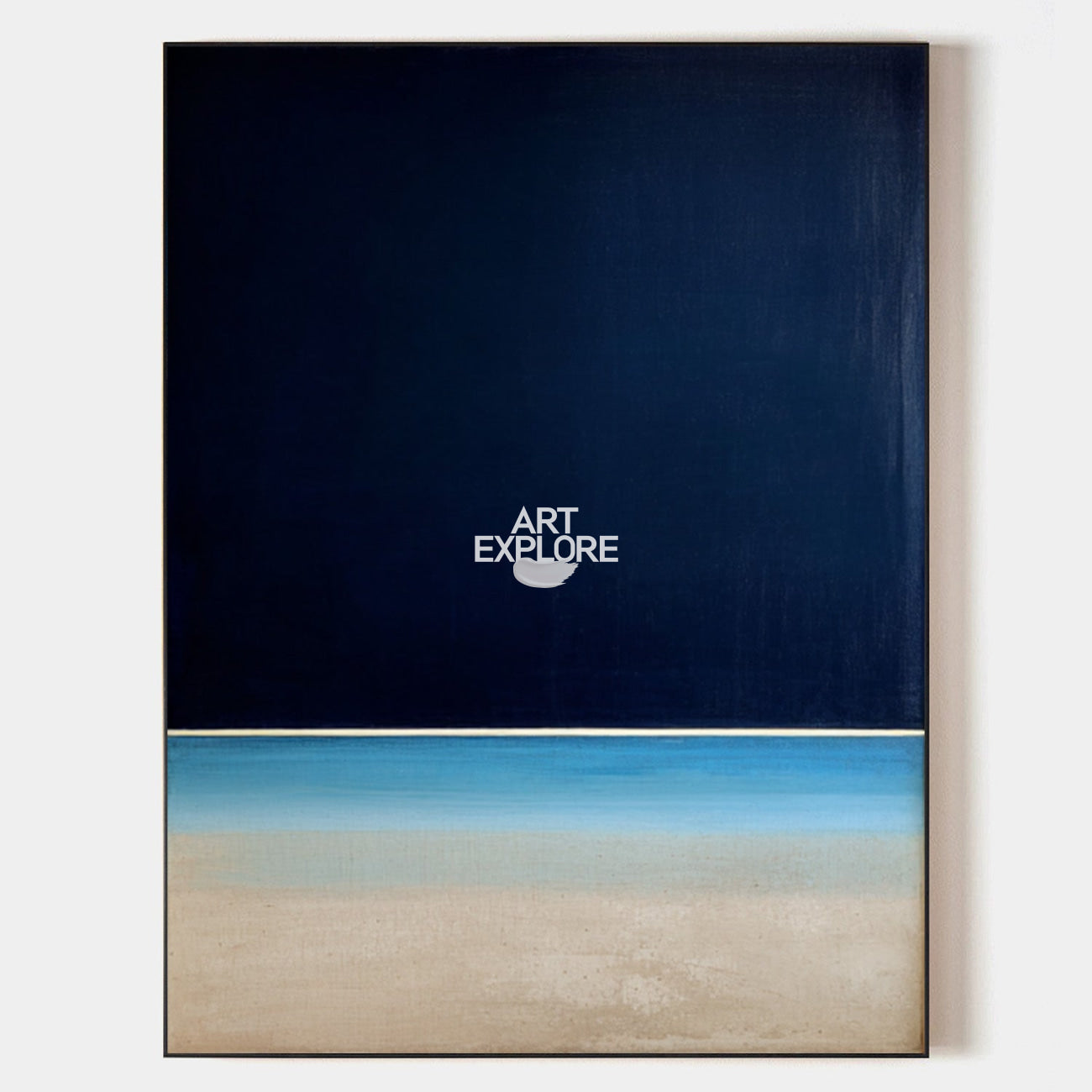 Original hand painted navy blue coastal oil painting canvas wall art, minimalist beach horizon sandy shore, nordic scandinavian elegant